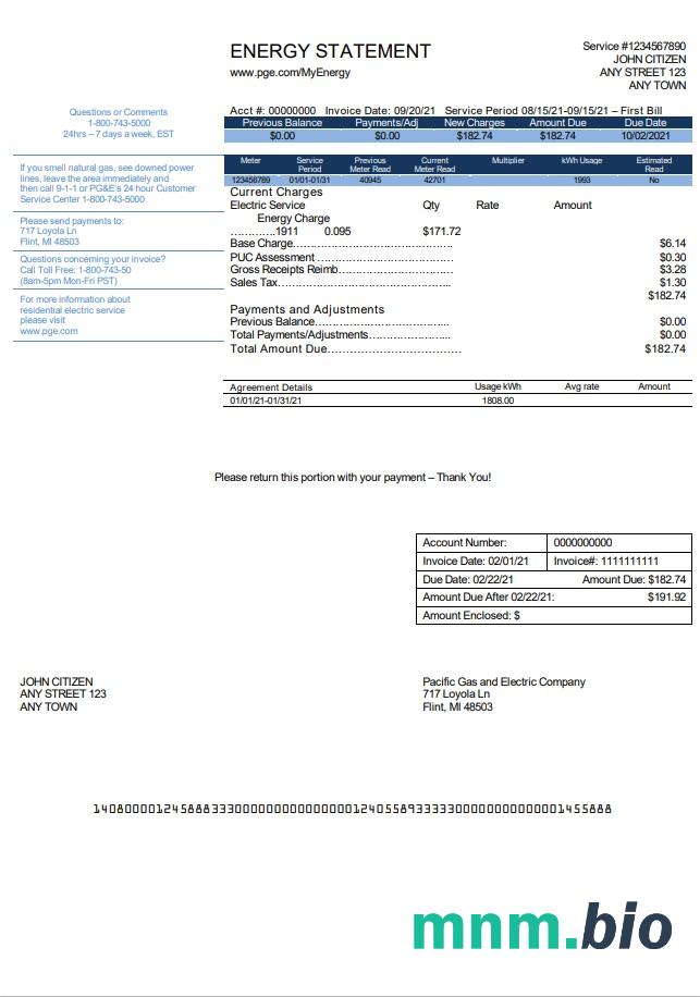 Usa California PG &E (Pacific Gas and Electric Firma) szablon rachunku za media w formacie Word i PDF, Wersja 2